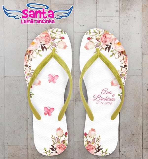 Chinelo Casamento Fundo Branco com Flores e Borboletas COD 5855