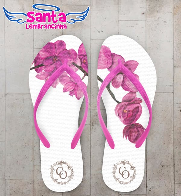 Chinelo Casamento Fundo Branco com Galho de Flores e Monograma COD 5856