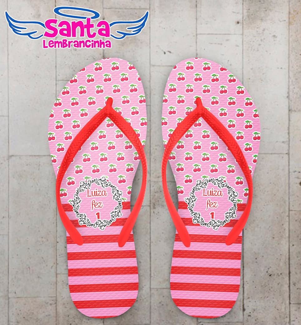 Chinelo Aniversário Cerejas com Fundo Rosa Personalizado COD 5415