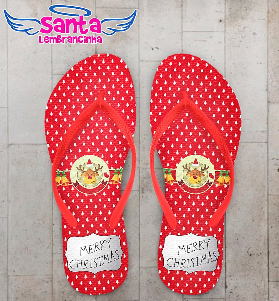 Chinelo Natal Fundo Vermelho com Pinheiros Personalizado COD 5686