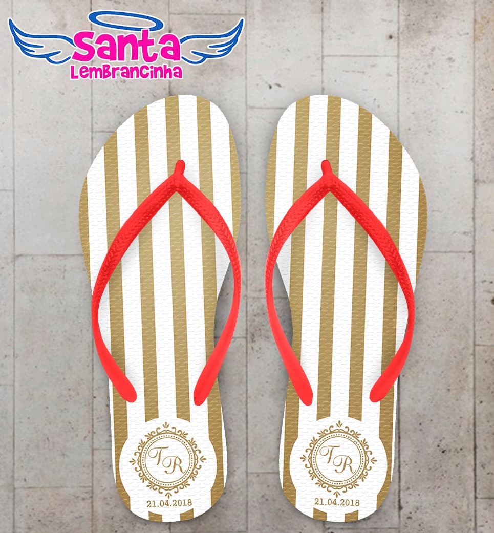 Chinelo Casamento Fundo Branco Listrado com Monograma COD 5853