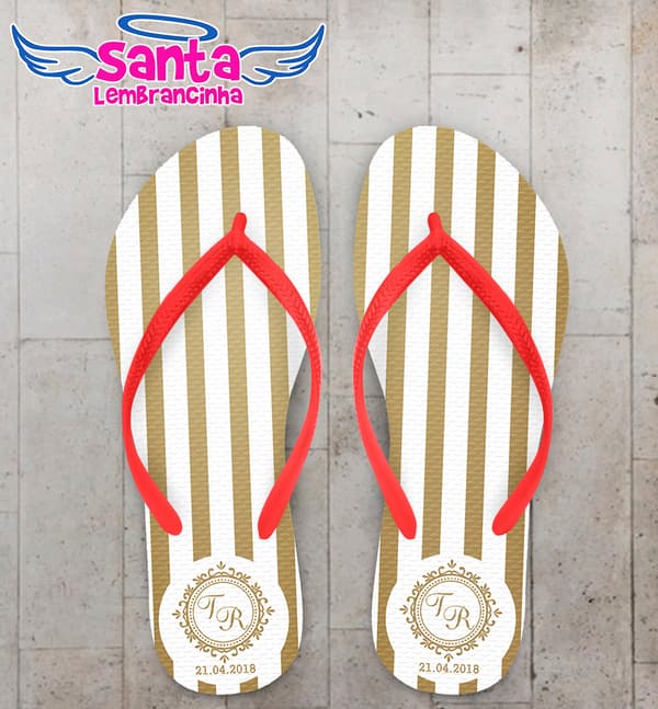 Chinelo Casamento Fundo Branco Listrado com Monograma COD 5853