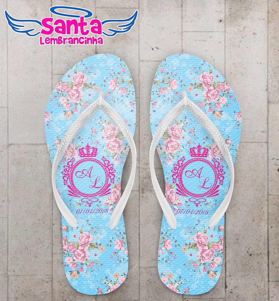 Chinelo Casamento Fundo Azul com Flores Personalizado COD 5616
