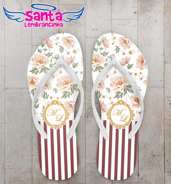Chinelo Casamento Listrado com Flores e Monograma COD 5858