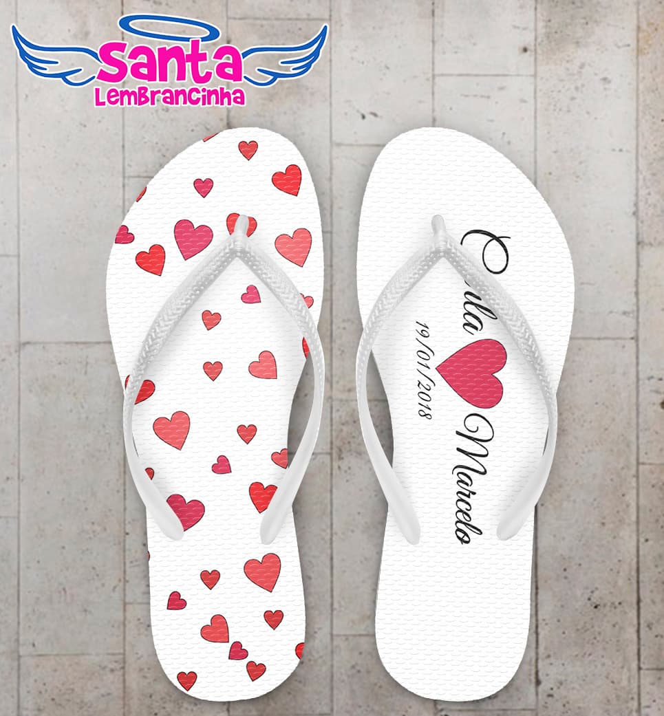Chinelo Casamento Corações com Fundo Branco Personalizado COD 5324