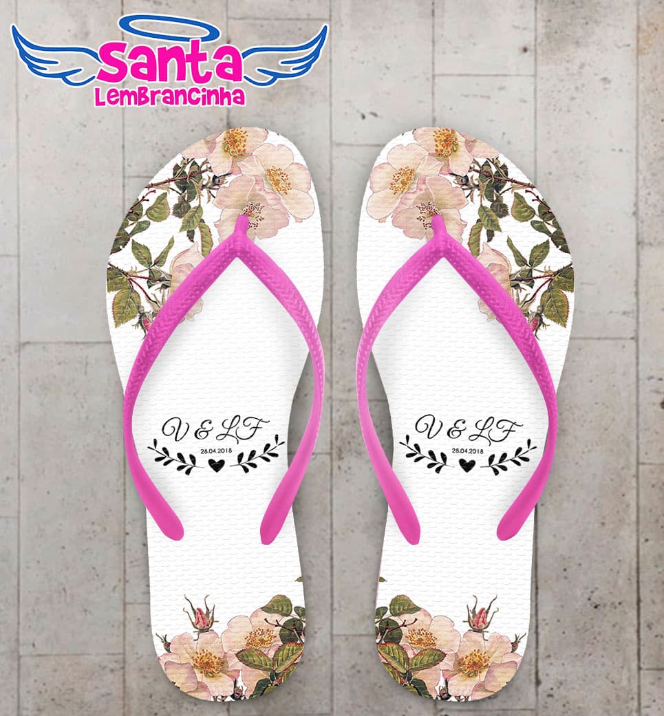 Chinelo Casamento Fundo Branco com Rosas Personalizado COD 5326