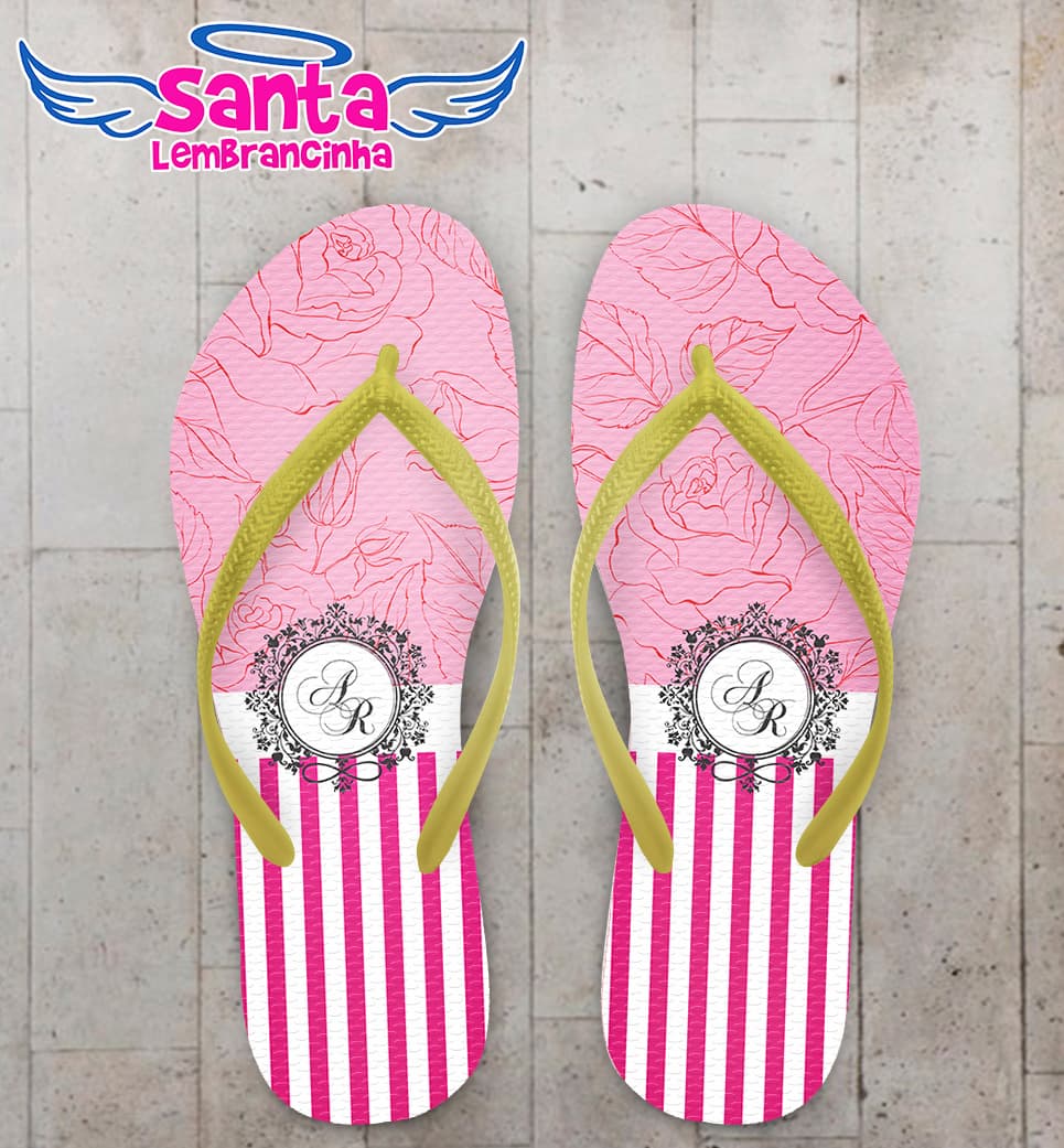Chinelo Casamento Listrado com Flores e Monograma COD 5988