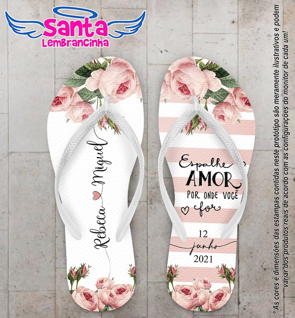 Chinelo Casamento Listras e Floral Personalizado COD 10239