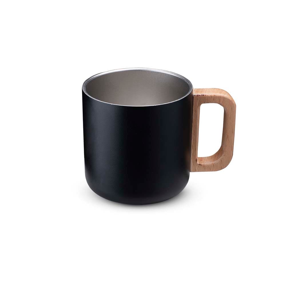 Caneca térmica com alça em madeira