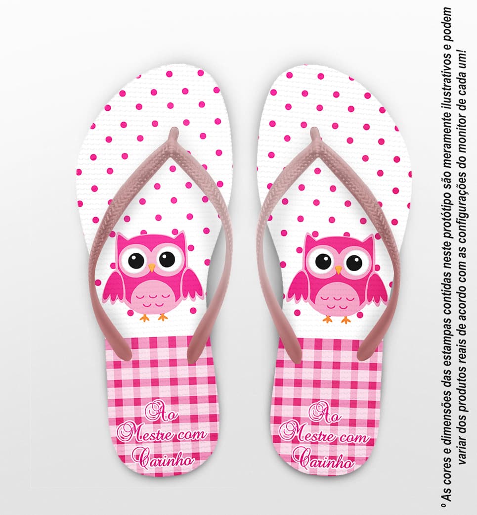 Chinelo Dia das Professoras Coruja Rosa Personalizado COD 8007