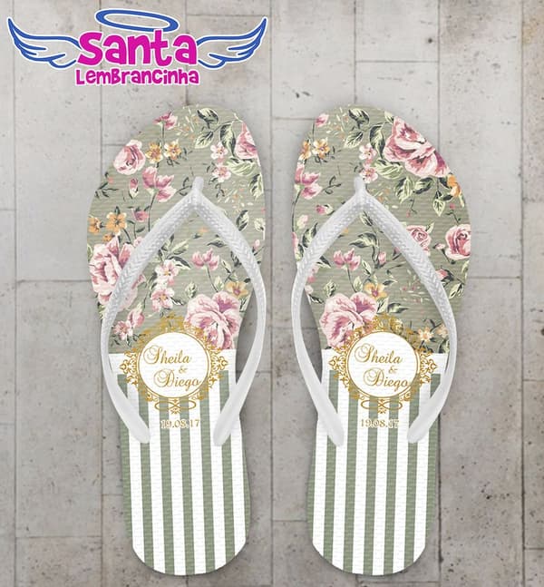 Chinelo Casamento Floral Personalizado, Verde - COD 2688