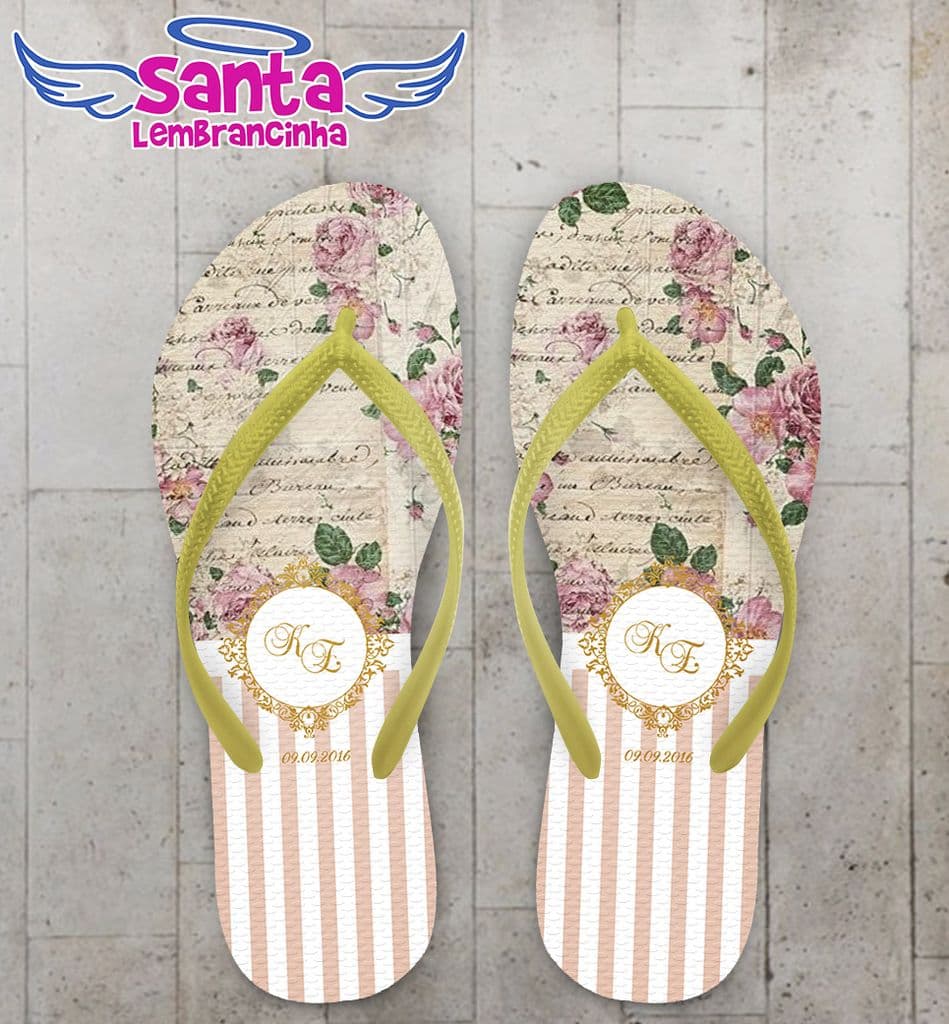 Chinelo Casamento Floral Dourado Personalizado - COD 2643