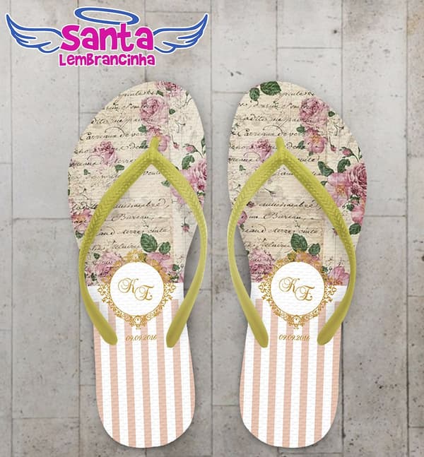 Chinelo Casamento Floral Dourado Personalizado - COD 2643