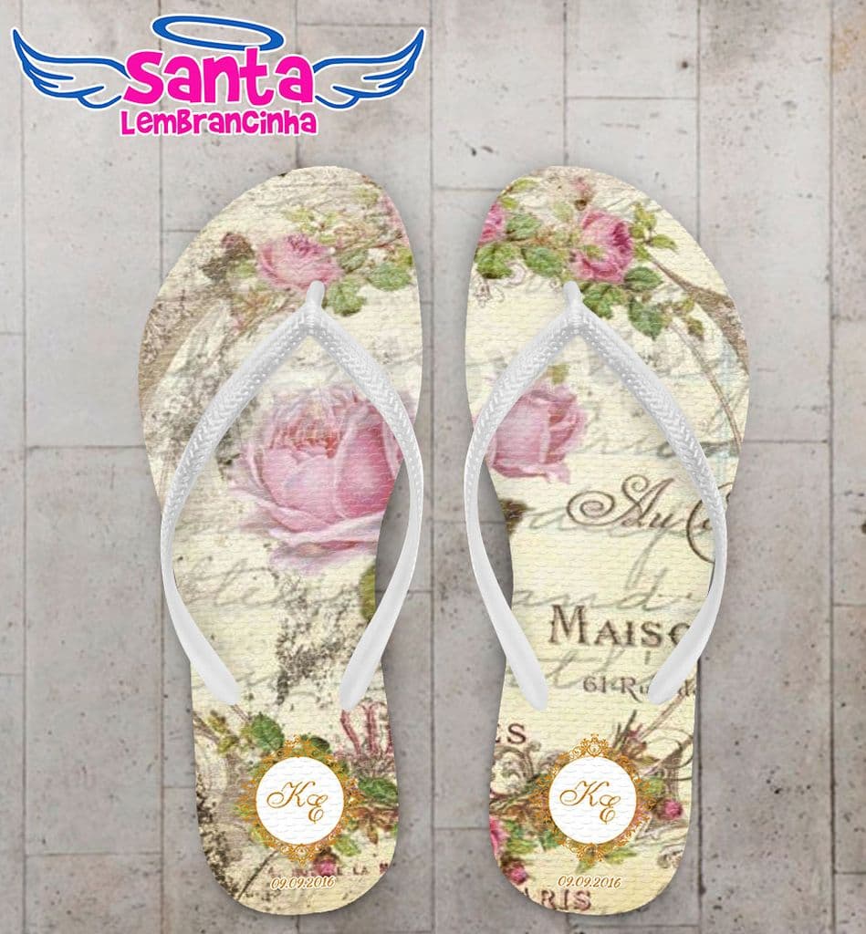 Chinelo Floral Casamento Dourado Personalizado - COD 2654