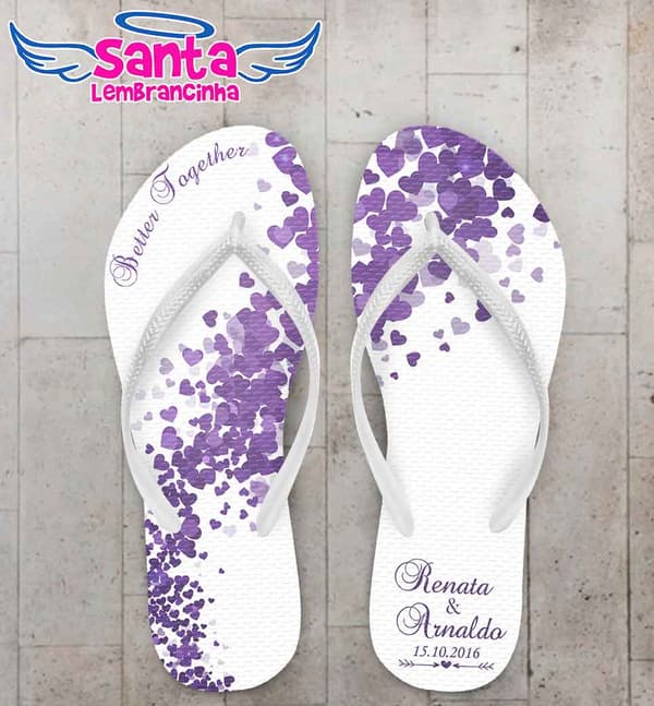Chinelo Casamento Coração Roxo Personalizado COD 3129