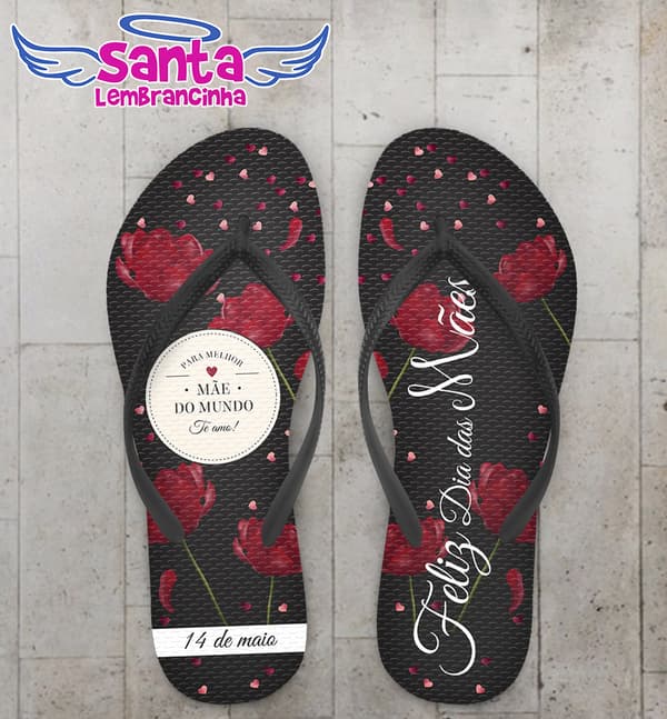 Chinelo Dia Das Mães Floral Preto COD 3808