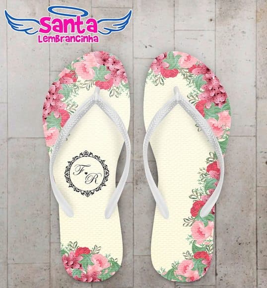 Chinelo Casamento Beige, Floral Rosa COD 3977