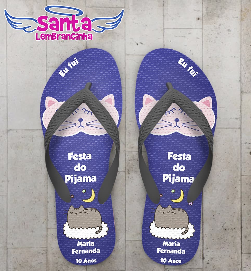 Chinelo Infantil Festa do Pijama, Gato Fundo Azul Personalizado COD 5457