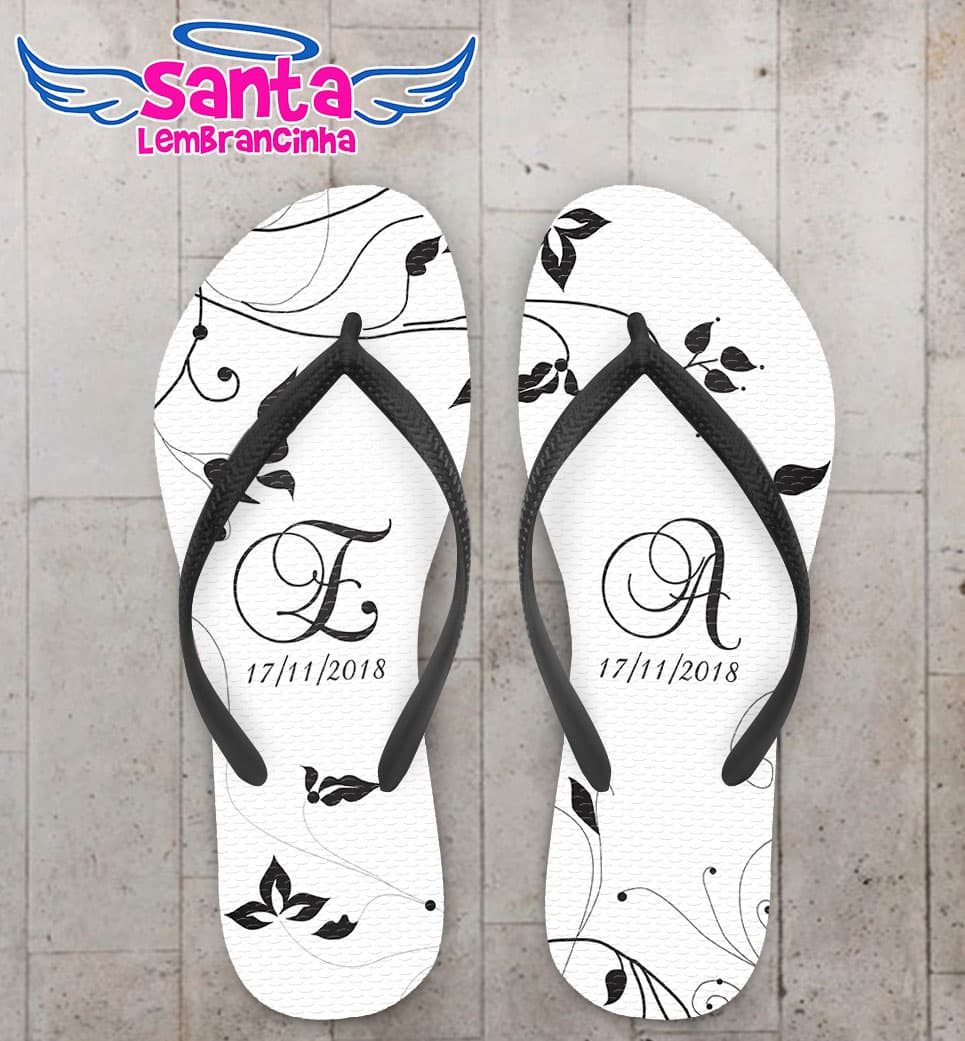 Chinelo Casamento Fundo Branco com Folhas Personalizado COD 5351