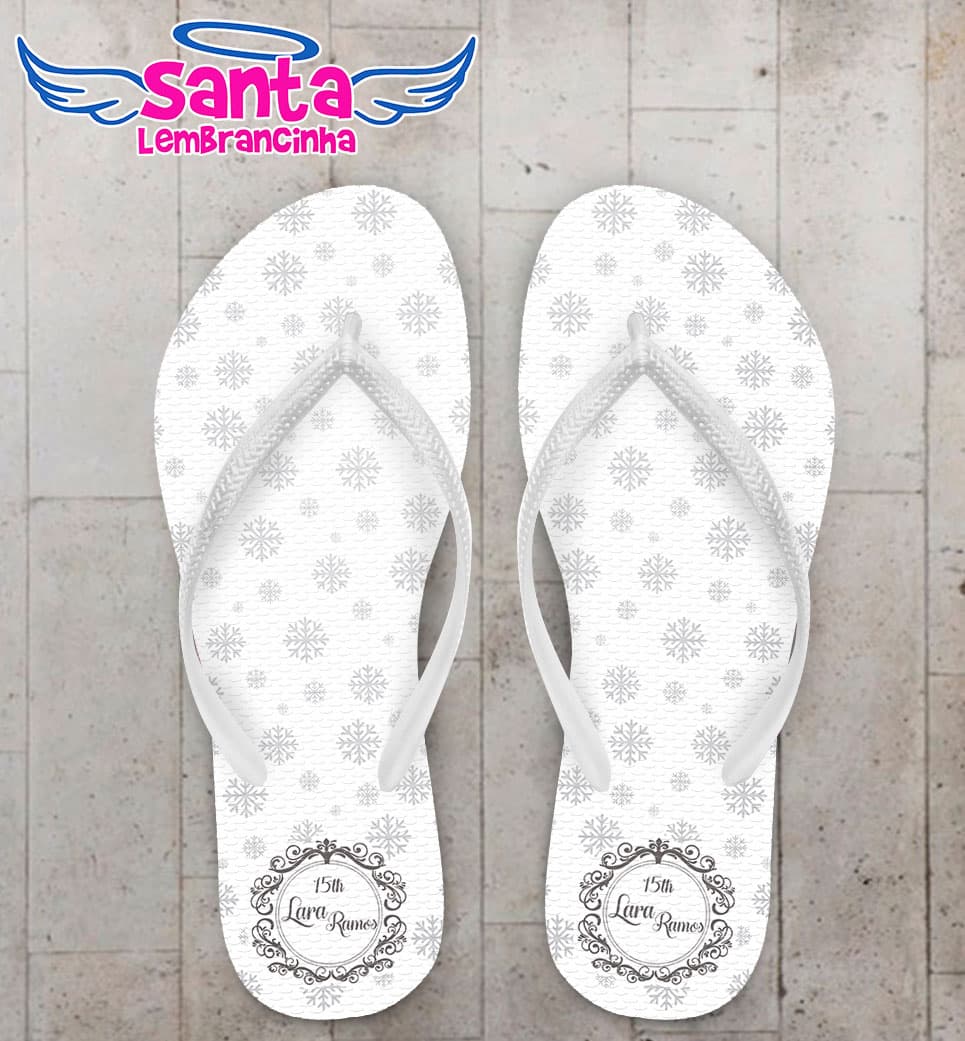 Chinelo Debutante - 15 Anos Fundo Branco com Floco de Neve Cinza Personalizado COD 5644