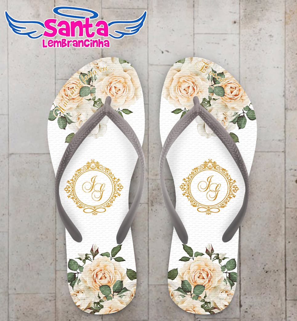 Chinelo Casamento Rosas e Monograma Personalizado COD 5338
