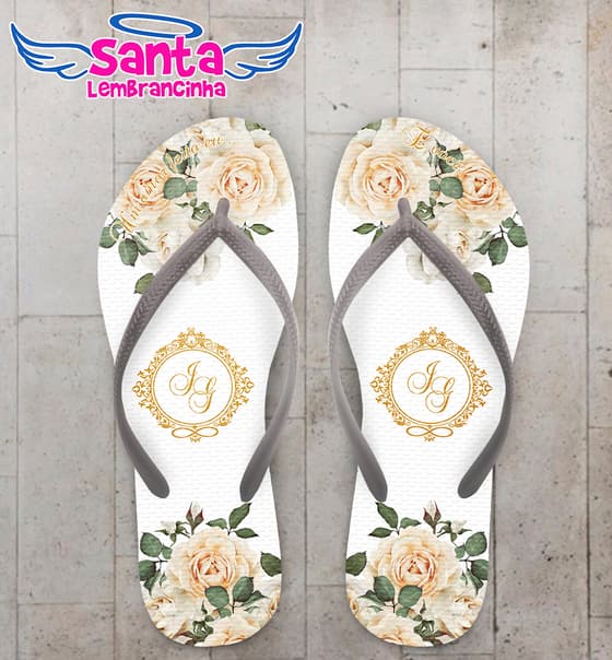 Chinelo Casamento Rosas e Monograma Personalizado COD 5338