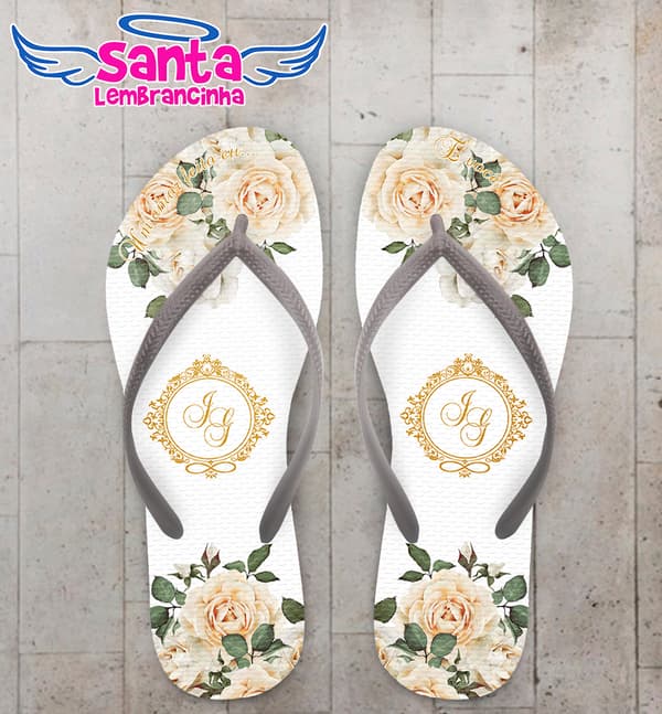 Chinelo Casamento Rosas e Monograma Personalizado COD 5338