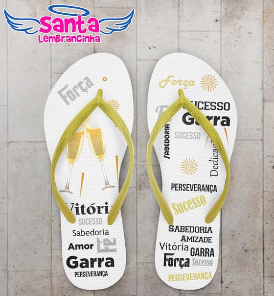 Chinelo Ano Novo Fundo Branco com Taças e Palavras Personalizado COD 5705