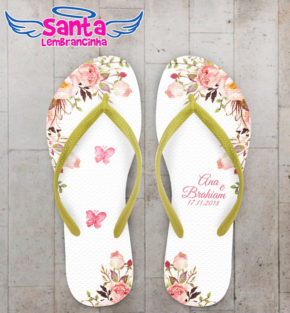 Chinelo Casamento Fundo Branco com Flores e Borboletas COD 5855