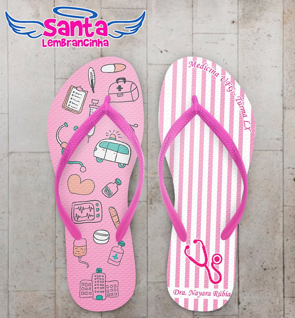 Chinelo Formatura Medicina Listrado Rosa com Ícones COD 5794