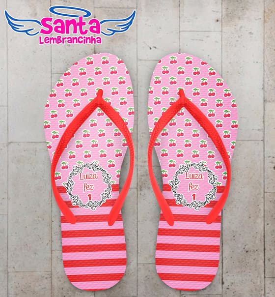 Chinelo Aniversário Cerejas com Fundo Rosa Personalizado COD 5415