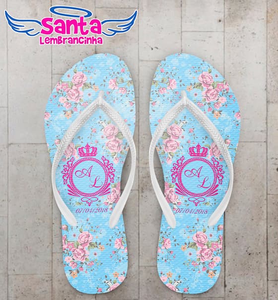 Chinelo Casamento Fundo Azul com Flores Personalizado COD 5616