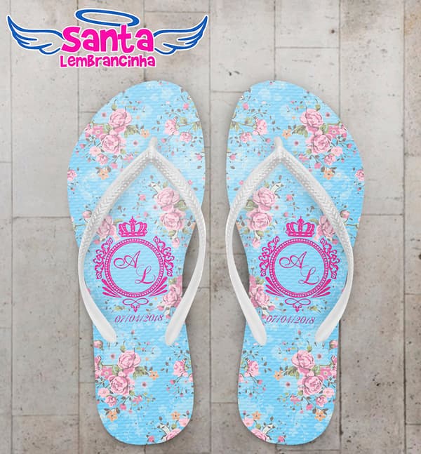 Chinelo Casamento Fundo Azul com Flores Personalizado COD 5616