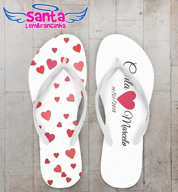 Chinelo Casamento Corações com Fundo Branco Personalizado COD 5324