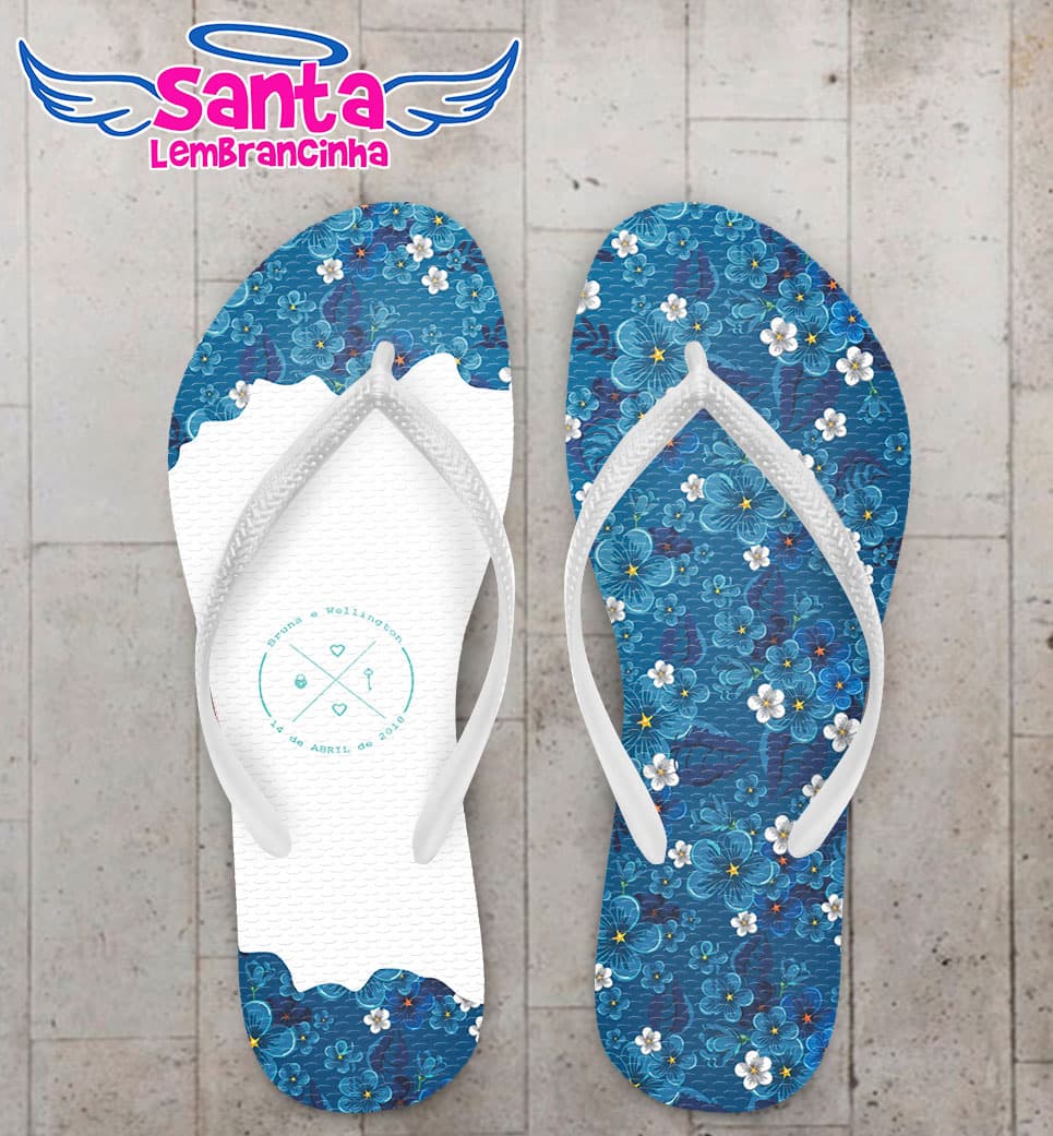 Chinelo Casamento Fundo Floral Azul Personalizado COD 5342