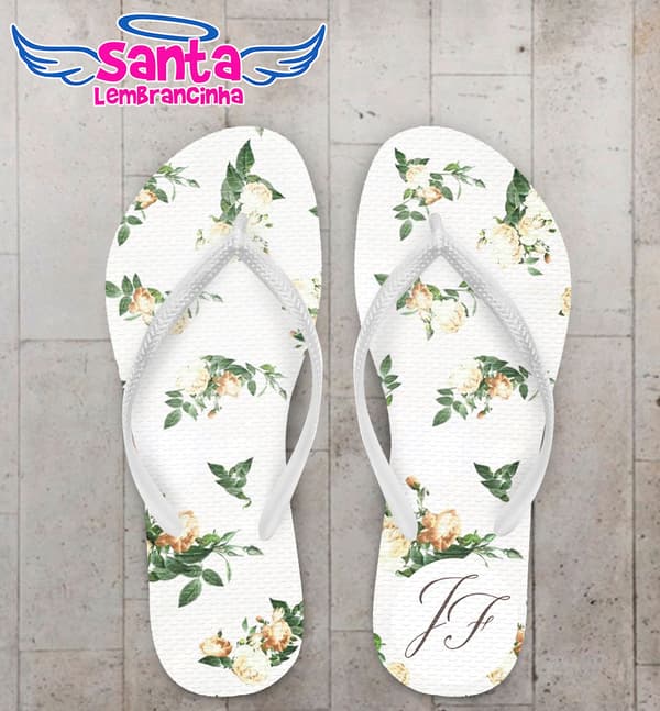 Chinelo Casamento Fundo Branco e Flores Personalizado COD 5378