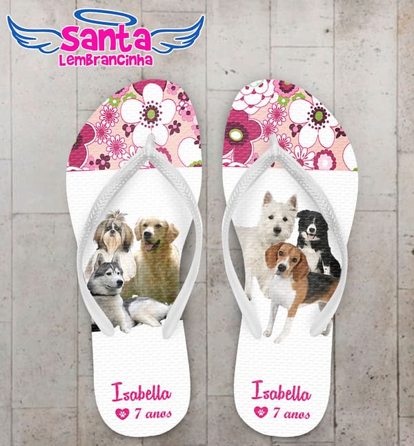 Chinelo Infantil Cachorros Fundo Rosas Personalizado COD 5453