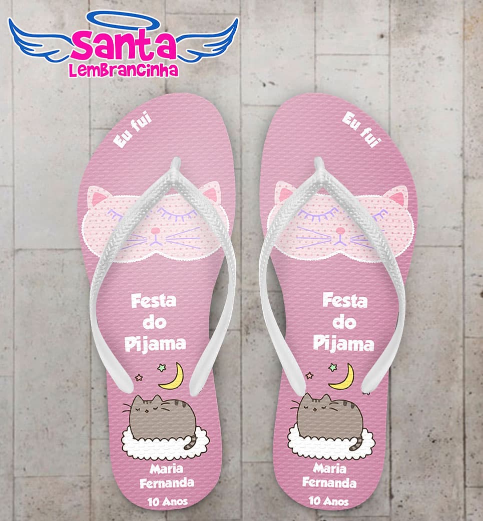 Chinelo Infantil Festa do Pijama, Gato Fundo Rosa Personalizado COD 5455