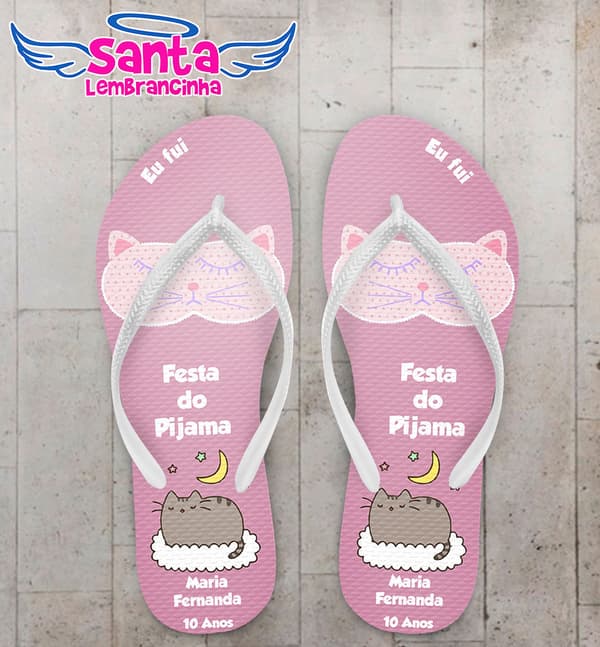 Chinelo Infantil Festa do Pijama, Gato Fundo Rosa Personalizado COD 5455