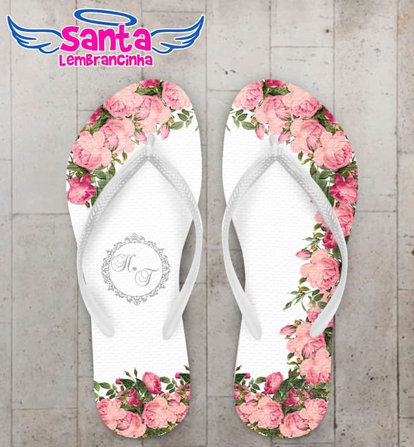 Chinelo Casamento Fundo Branco com Flores e Monograma Personalizado COD 5549