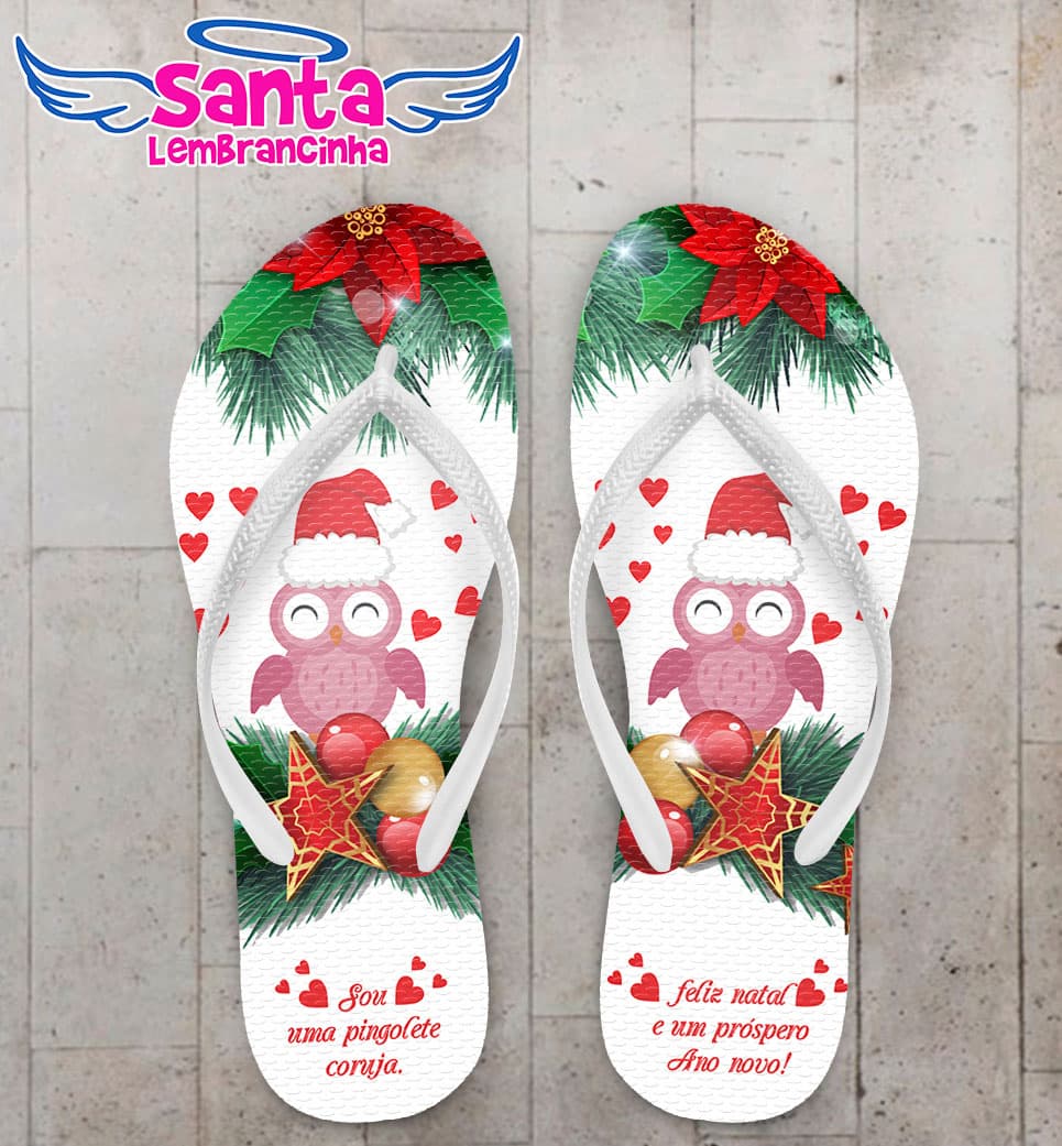 Chinelo Natal Coruja com Fundo Branco Personalizado COD 5695