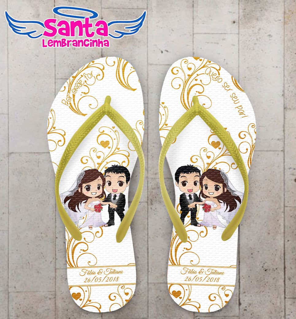 Chinelo Casamento Noivinhos Baby com Detalhes Dourado Personalizado COD 5302