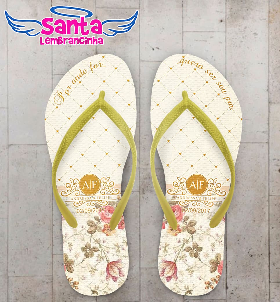 Chinelo Casamento Monograma e Flores Personalizado COD 5299