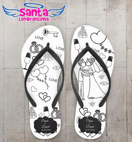 Chinelo Casamento, Noivinhos com Ícones de Casamento Personalizado COD 5368