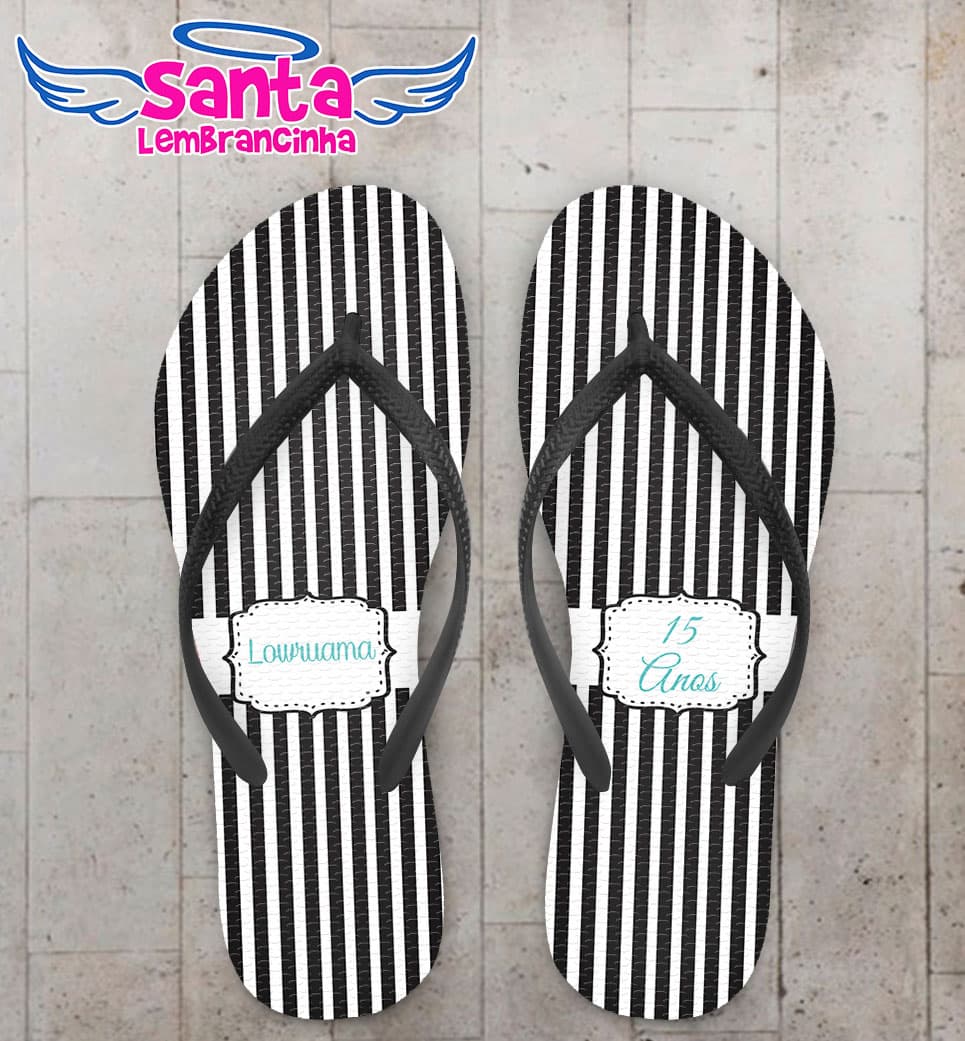 Chinelo 15 Anos Debutante Listrado Preto e Branco Personalizado COD 5653
