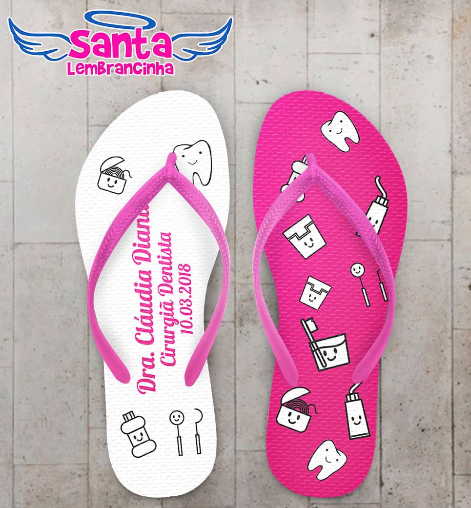 Chinelo Formatura Odontologia Fundo Branco e Rosa com Ícones COD 5820
