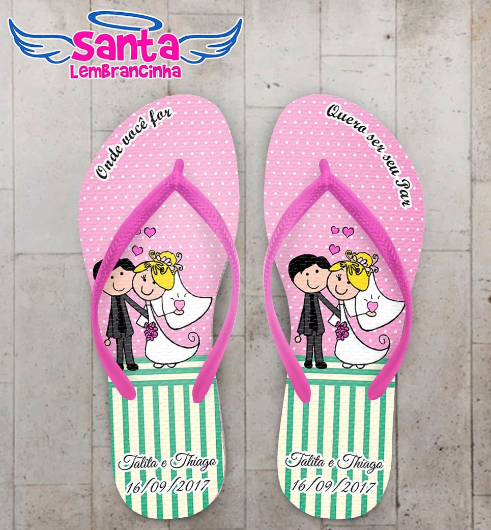 Chinelo Casamento Noivinhos com Fundo Rosa Personalizado COD 5303
