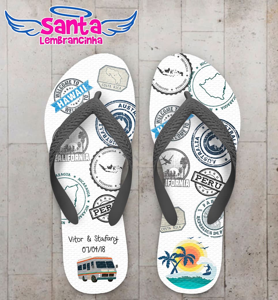 Chinelo Casamento Carimbos de Viagem Personalizado COD 5345
