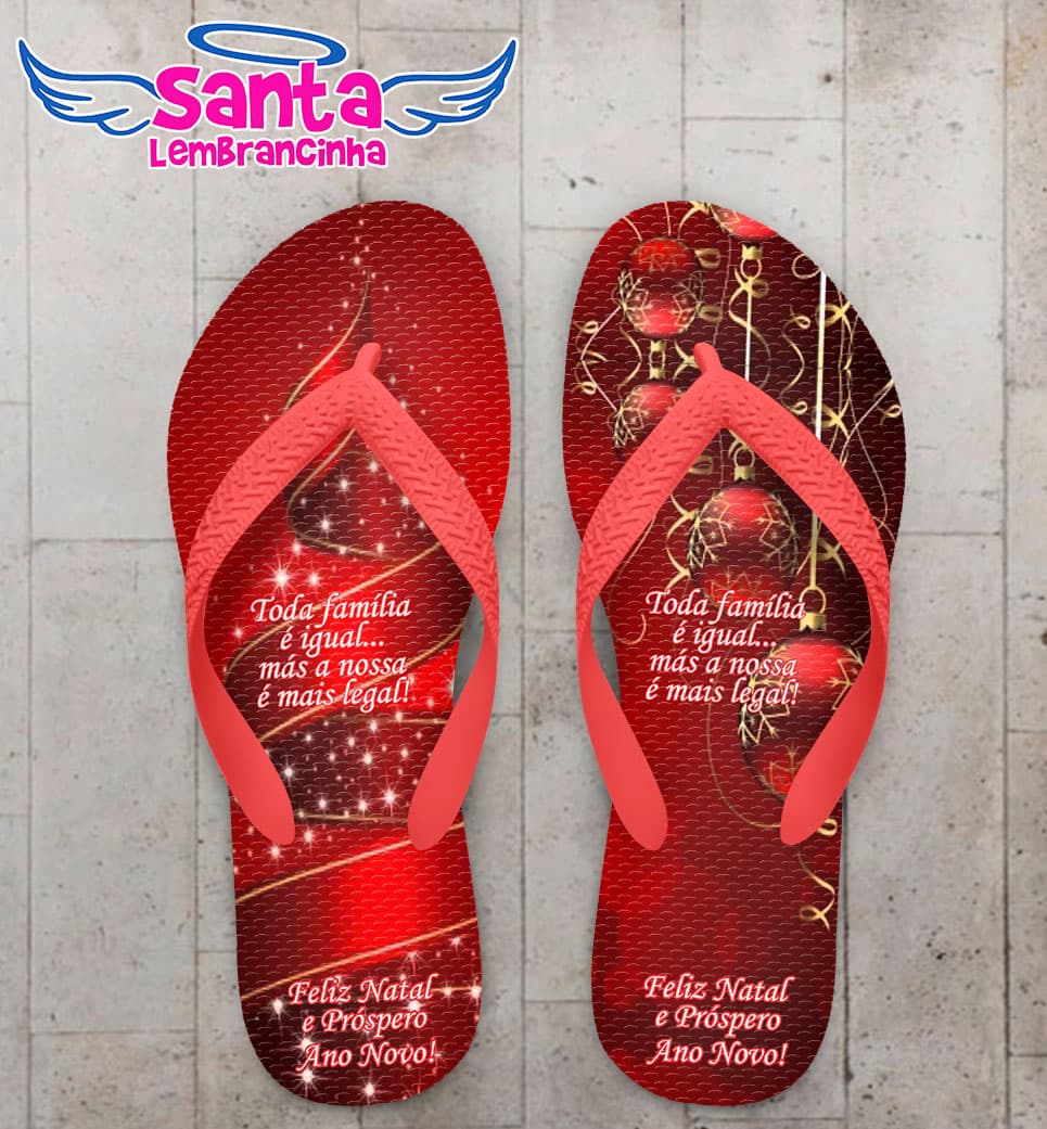 Chinelo Natal Fundo Vermelho com Enfeites de Natal Personalizado COD 5700