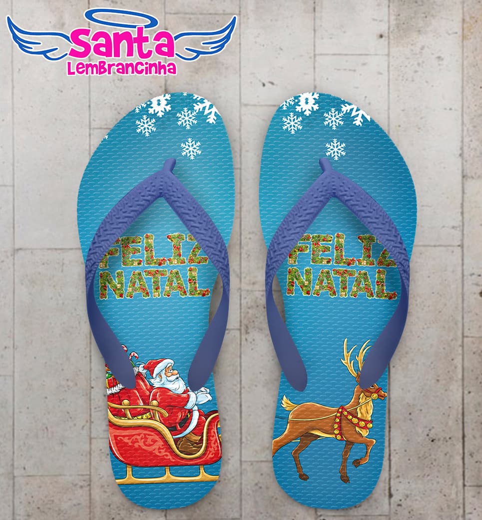 Chinelo Natal Papai Noel no Trenó Fundo Azul Personalizado COD 5690
